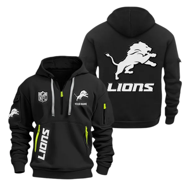 Detroit Lions Half Zip Hoodie Sports Hooded Multi-Pocket, Custom Name