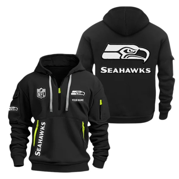 Seattle Seahawks Half Zip Hoodie Sports Hooded Multi-Pocket, Custom Name