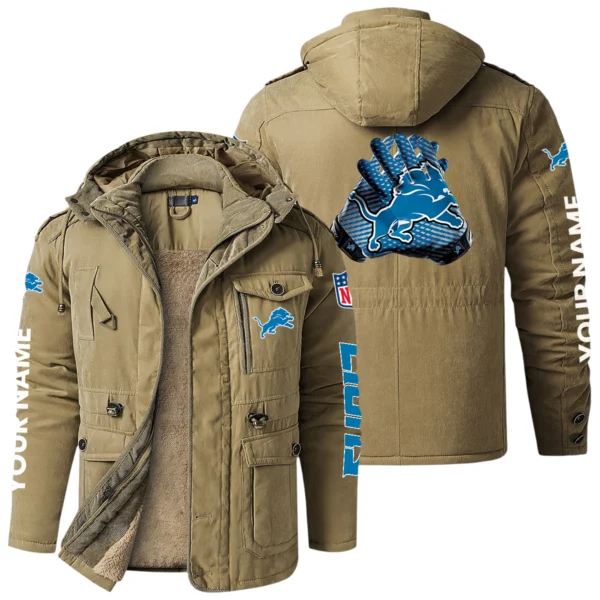 Detroit Lions Windproof Fleece Jacket Hooded Custom Name