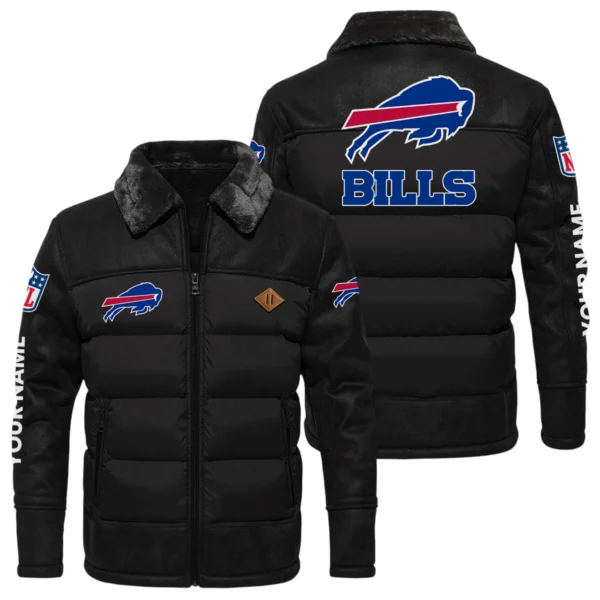 Buffalo Bills Puffer Jacket Fur Collar Leather Patchwork Custom Name