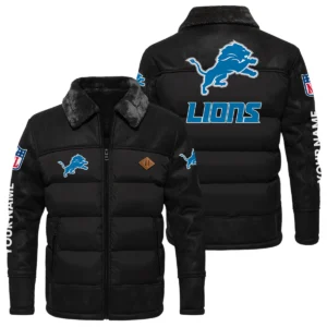 Detroit Lions Puffer Jacket Fur Collar Leather Patchwork Custom Name