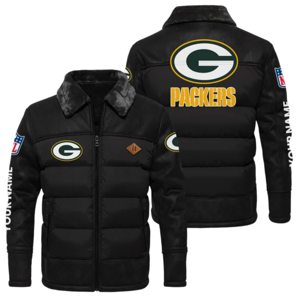 Green Bay Packers Puffer Jacket Fur Collar Leather Patchwork Custom Name