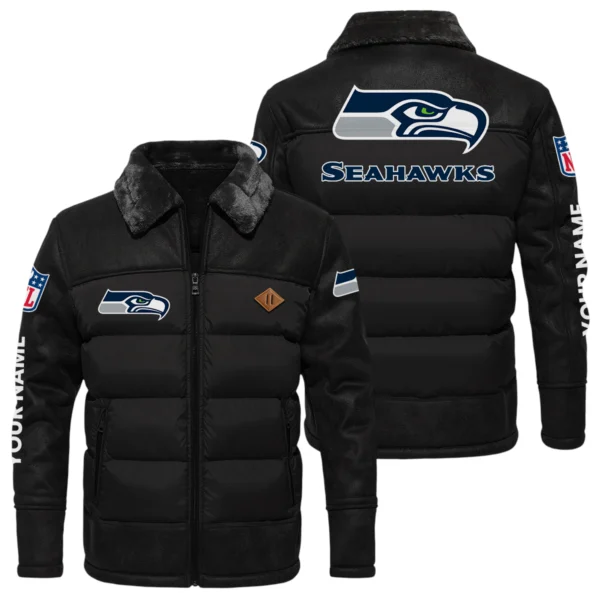 Seattle Seahawks Puffer Jacket Fur Collar Leather Patchwork Custom Name