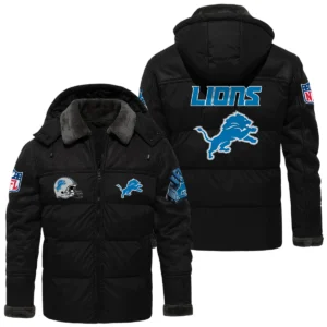 Detroit Lions Puffer Jacket Hooded Detachable x PU Leather Custom Name