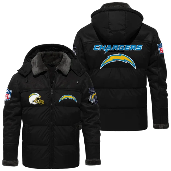 Los Angeles Chargers Puffer Jacket Hooded Detachable x PU Leather Custom Name