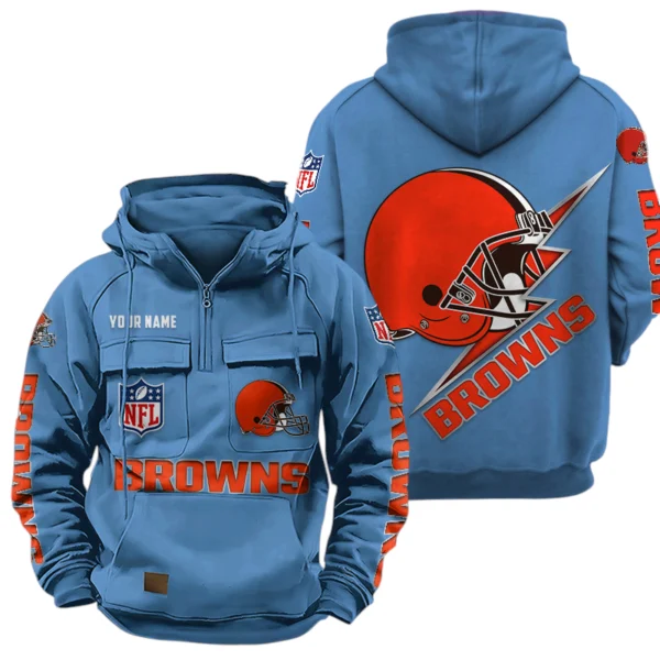 Cleveland Browns Quarter Zip Hoodie Multi-Pockets Custom Name