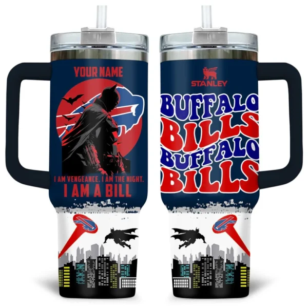 Batman x Buffalo Bills Tumblers 40 oz with Transparent Lid, Handle & Straw Custom Your Name