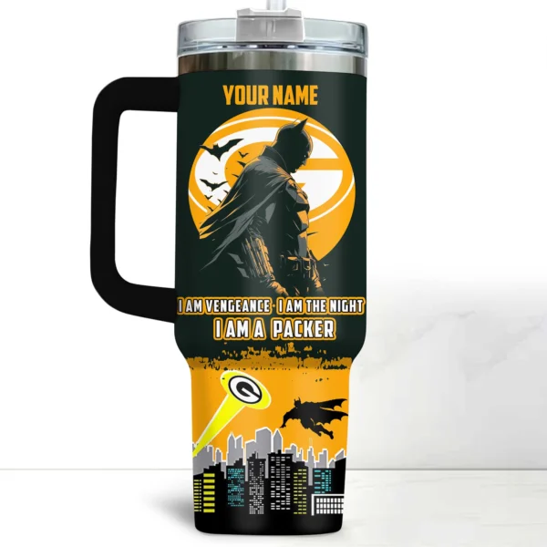 Batman x Green Bay Packers Tumblers 40oz with Transparent Lid, Handle & Straw Custom Your Name