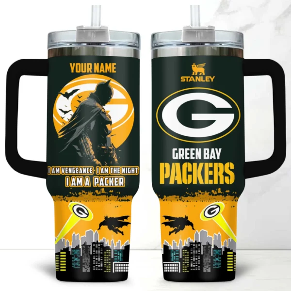 Batman x Green Bay Packers Tumblers 40oz with Transparent Lid, Handle & Straw Custom Your Name