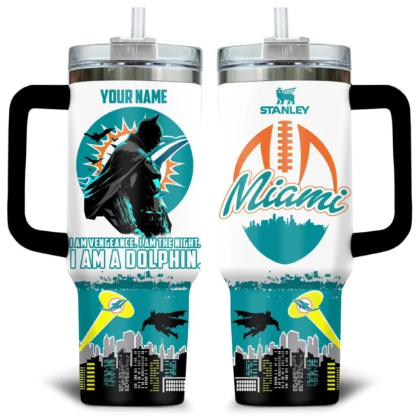 Batman x Miami Dolphins Tumblers 40oz with Transparent Lid, Handle & Straw Custom Your Name
