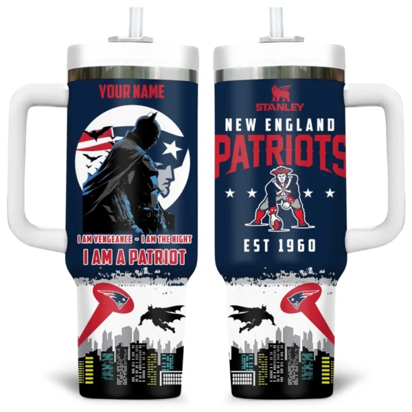 Batman x New England Patriots Tumblers 40oz with Transparent Lid, Handle & Straw Custom Your Name