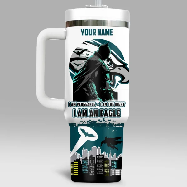 Batman x Philadelphia Eagles Tumblers 40oz with Transparent Lid, Handle & Straw Custom Your Name