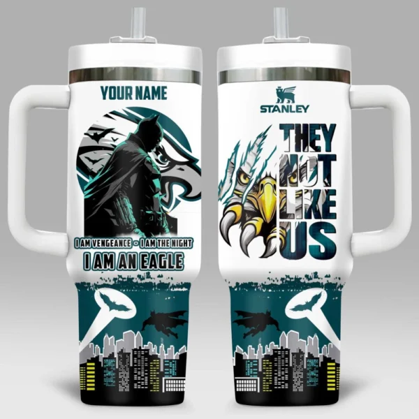 Batman x Philadelphia Eagles Tumblers 40oz with Transparent Lid, Handle & Straw Custom Your Name