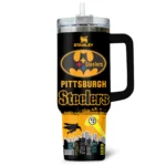 Batman x Pittsburgh Steelers Tumblers 40oz with Transparent Lid, Handle & Straw Custom Your Name