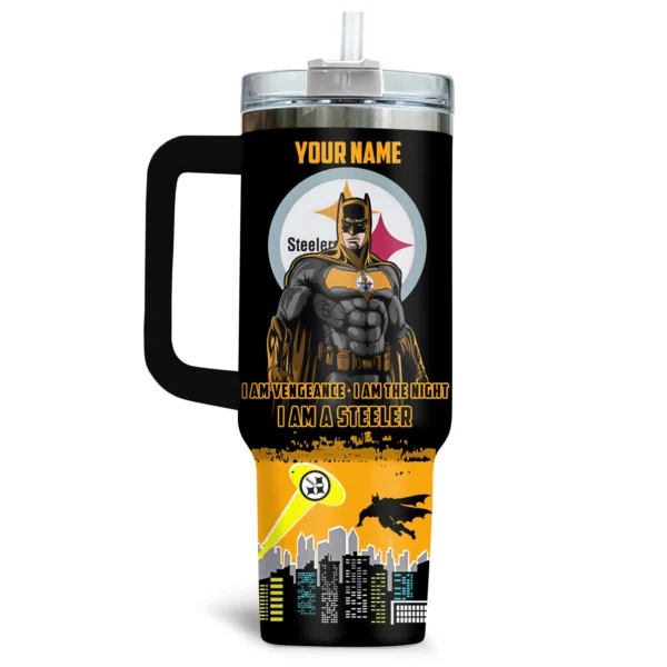 Batman x Pittsburgh Steelers Tumblers 40oz with Transparent Lid, Handle & Straw Custom Your Name