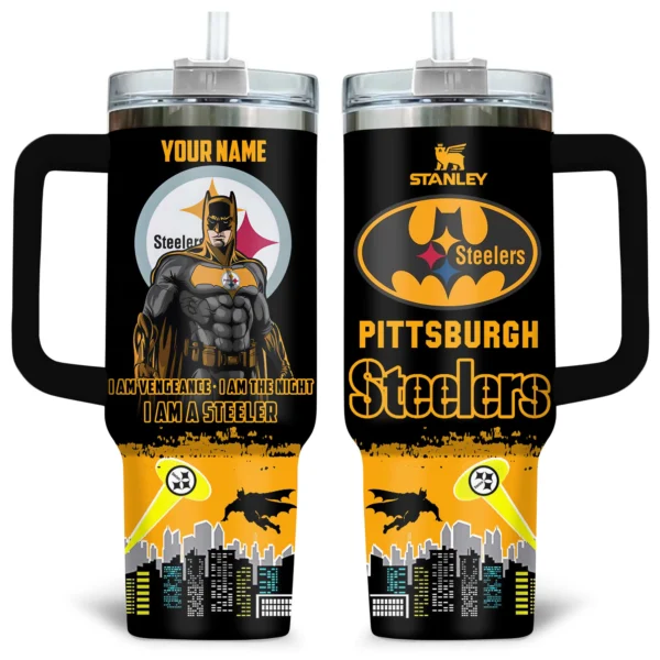 Batman x Pittsburgh Steelers Tumblers 40oz with Transparent Lid, Handle & Straw Custom Your Name
