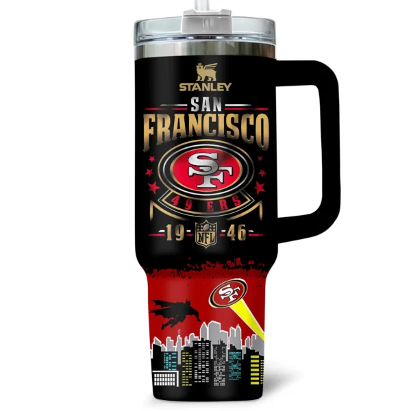 Batman x San Francisco 49ers Tumblers 40oz with Transparent Lid, Handle & Straw Custom Your Name