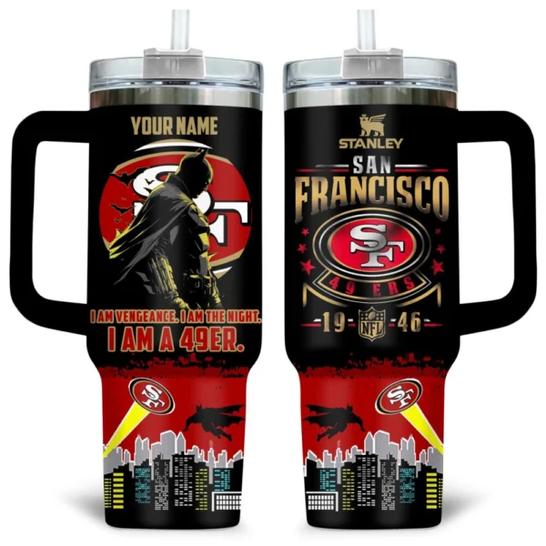 Batman x San Francisco 49ers Tumblers 40oz with Transparent Lid, Handle & Straw Custom Your Name