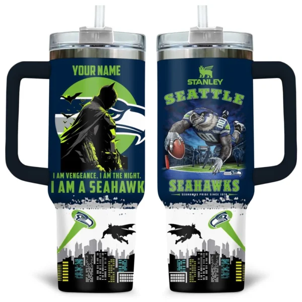 Batman x Seattle Seahawks Tumblers 40oz with Transparent Lid, Handle & Straw Custom Your Name