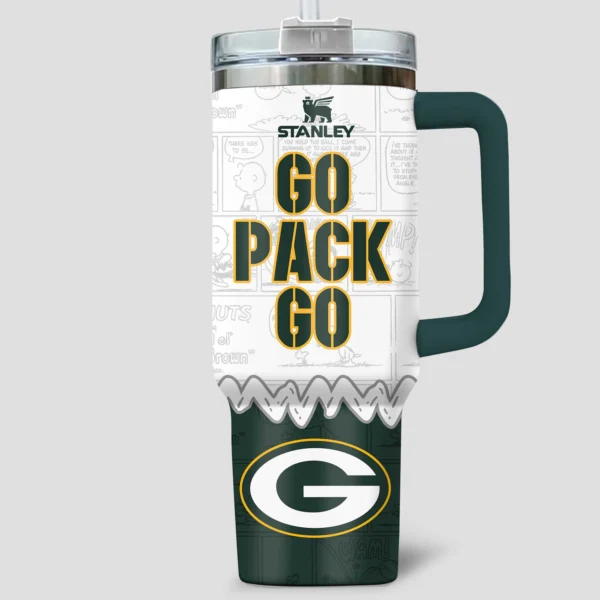 Snoopy x Green Bay Packers Tumblers 40oz with Transparent Lid, Handle & Straw Custom Your Name