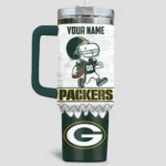 Snoopy x Green Bay Packers Tumblers 40oz with Transparent Lid, Handle & Straw Custom Your Name