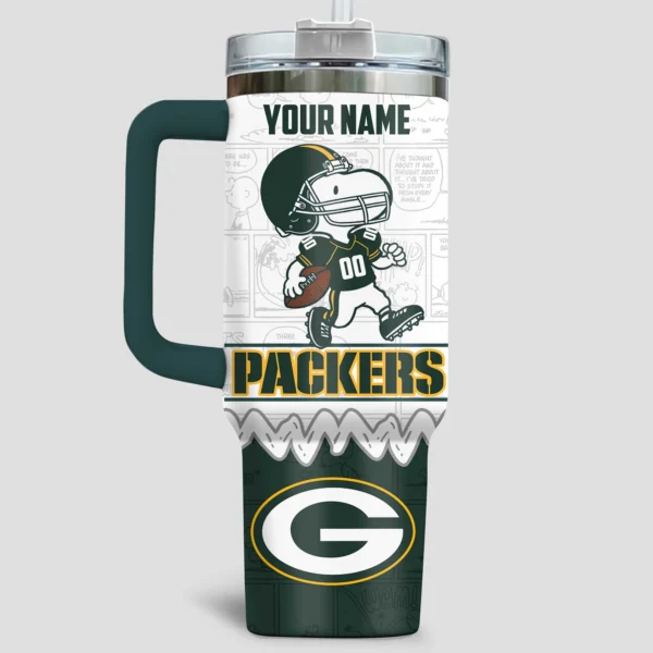 Snoopy x Green Bay Packers Tumblers 40oz with Transparent Lid, Handle & Straw Custom Your Name