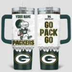 Snoopy x Green Bay Packers Tumblers 40oz with Transparent Lid, Handle & Straw Custom Your Name