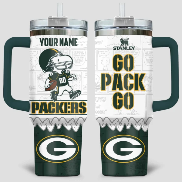 Snoopy x Green Bay Packers Tumblers 40oz with Transparent Lid, Handle & Straw Custom Your Name