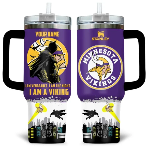Batman x Minnesota Vikings Tumblers 40oz with Transparent Lid, Handle & Straw Custom Name