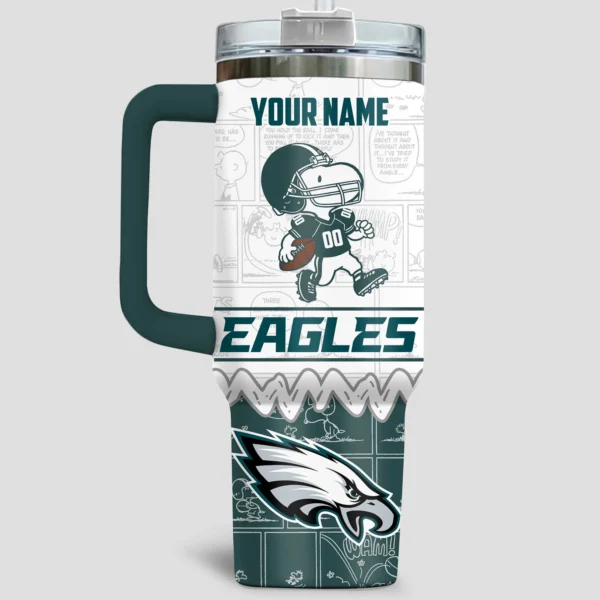 Snoopy x Philadelphia Eagles Tumblers 40oz with Transparent Lid, Handle & Straw Custom Your Name