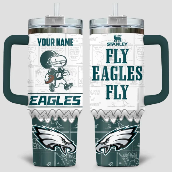 Snoopy x Philadelphia Eagles Tumblers 40oz with Transparent Lid, Handle & Straw Custom Your Name