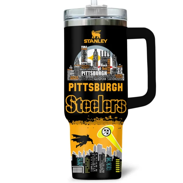 Batman x Pittsburgh Steelers Tumblers 40oz with Transparent Lid, Handle & Straw Custom Name