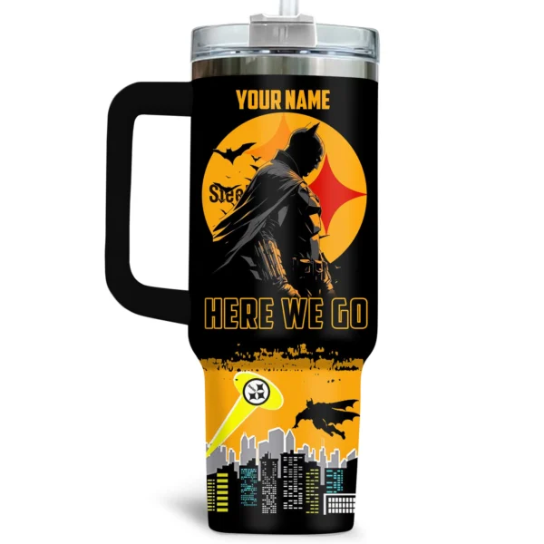 Batman x Pittsburgh Steelers Tumblers 40oz with Transparent Lid, Handle & Straw Custom Name