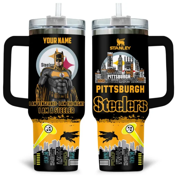 Batman x Pittsburgh Steelers Tumblers 40oz with Transparent Lid, Handle & Straw Custom Name