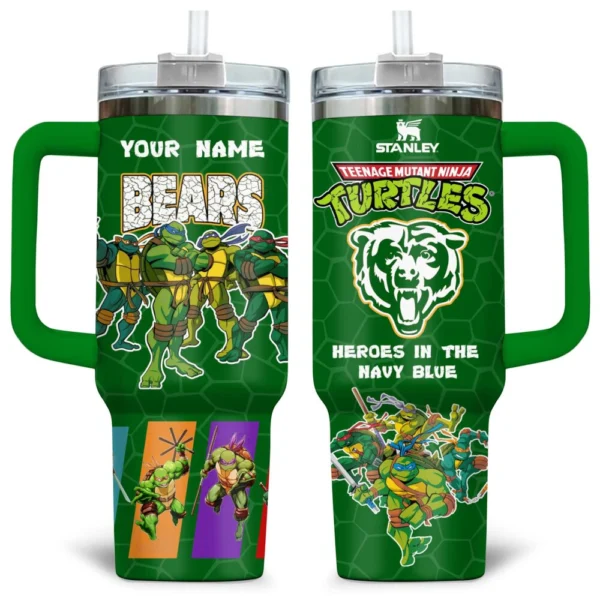 TMNT x Chicago Bears Tumblers 40oz with Transparent Lid, Handle & Straw Custom Your Name