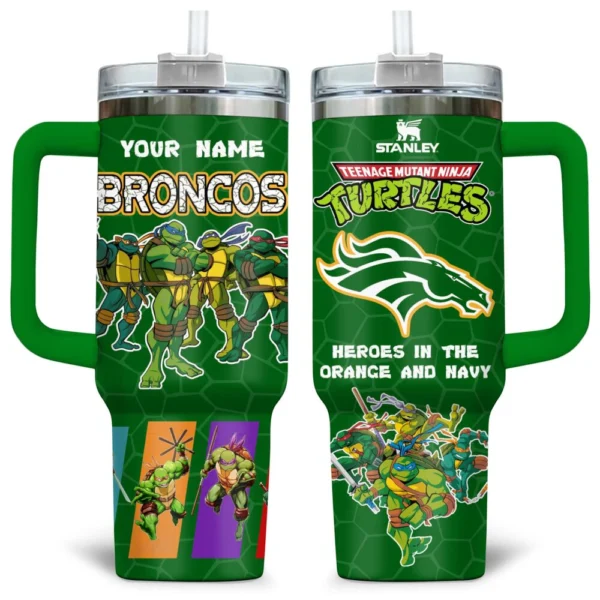 TMNT x Denver Broncos Tumblers 40oz with Transparent Lid, Handle & Straw Custom Your Name