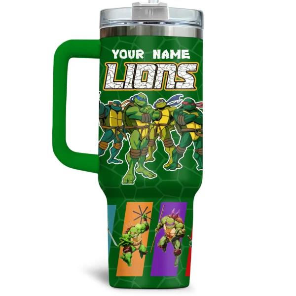 TMNT x Detroit Lions Tumblers 40oz with Transparent Lid, Handle & Straw Custom Your Name