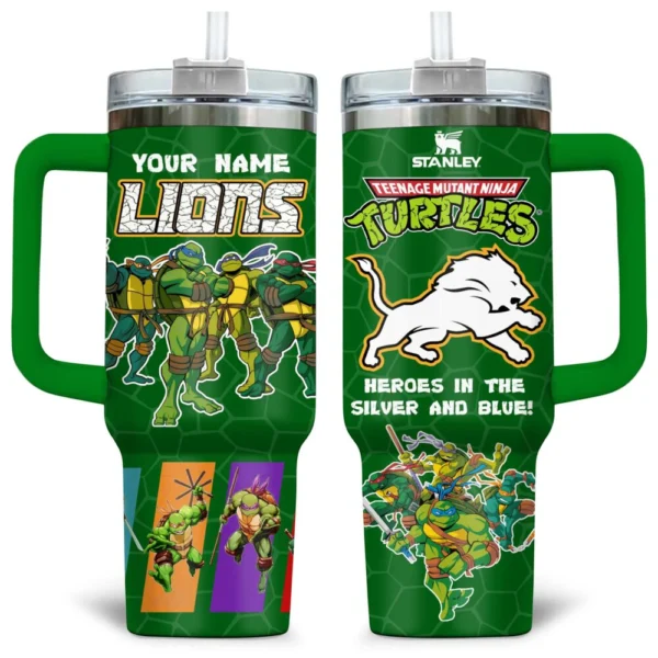 TMNT x Detroit Lions Tumblers 40oz with Transparent Lid, Handle & Straw Custom Your Name