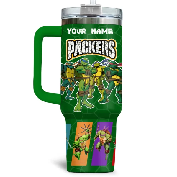 TMNT x Green Bay Packers Tumblers 40oz with Transparent Lid, Handle & Straw Custom Your Name