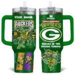 TMNT x Green Bay Packers Tumblers 40oz with Transparent Lid, Handle & Straw Custom Your Name