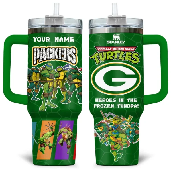 TMNT x Green Bay Packers Tumblers 40oz with Transparent Lid, Handle & Straw Custom Your Name