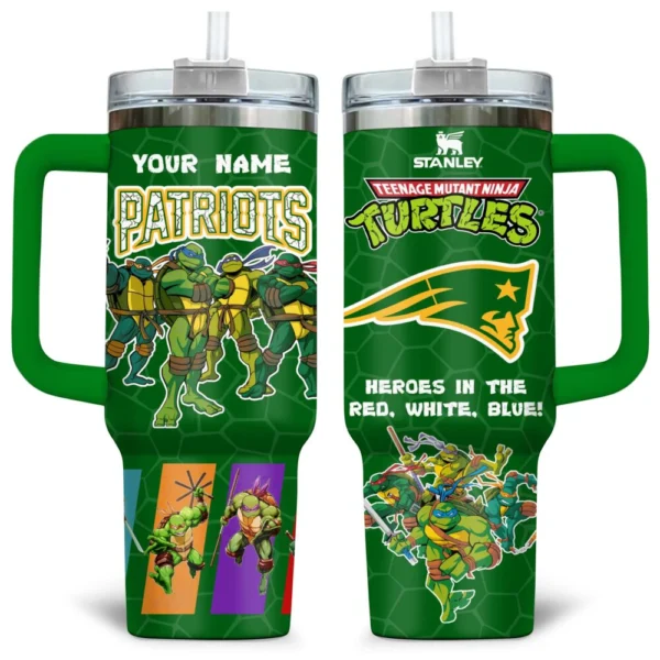TMNT x New England Patriots Tumblers 40oz with Transparent Lid, Handle & Straw Custom Your Name