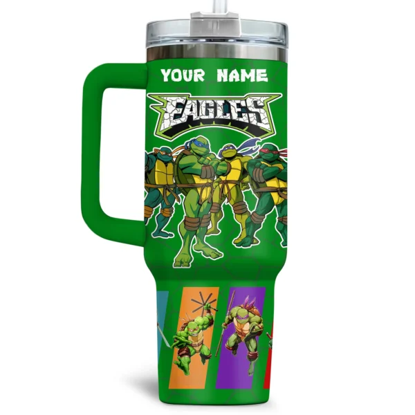 TMNT x Philadelphia Eagles Tumblers 40oz with Transparent Lid, Handle & Straw Custom Your Name