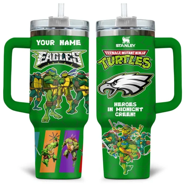 TMNT x Philadelphia Eagles Tumblers 40oz with Transparent Lid, Handle & Straw Custom Your Name