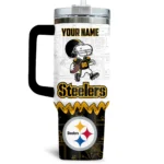 Snoopy x Pittsburgh Steelers Tumblers 40oz with Transparent Lid, Handle & Straw Custom Your Name