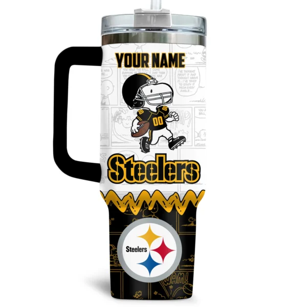 Snoopy x Pittsburgh Steelers Tumblers 40oz with Transparent Lid, Handle & Straw Custom Your Name