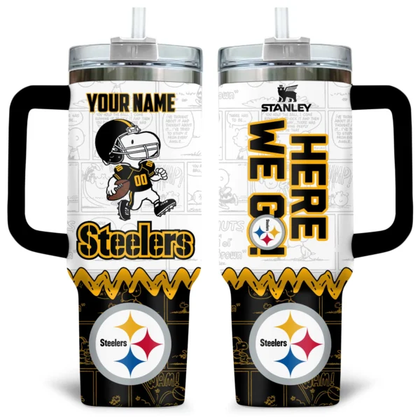 Snoopy x Pittsburgh Steelers Tumblers 40oz with Transparent Lid, Handle & Straw Custom Your Name
