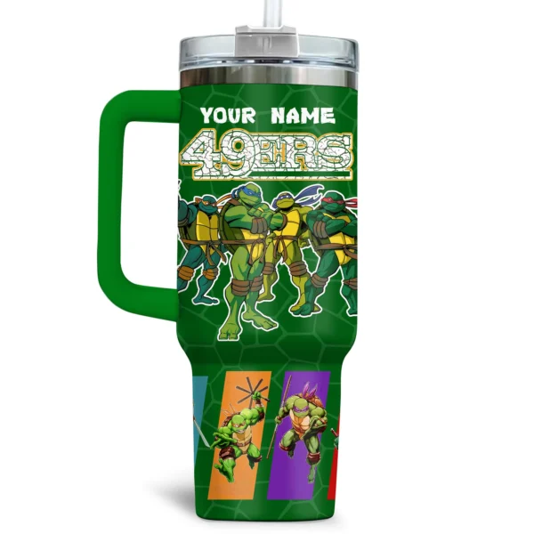 TMNT x San Francisco 49ers Tumblers 40oz with Transparent Lid, Handle & Straw Custom Your Name