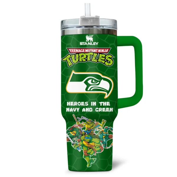 TMNT x Seattle Seahawks Tumblers 40oz with Transparent Lid, Handle & Straw Custom Your Name
