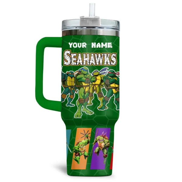 TMNT x Seattle Seahawks Tumblers 40oz with Transparent Lid, Handle & Straw Custom Your Name